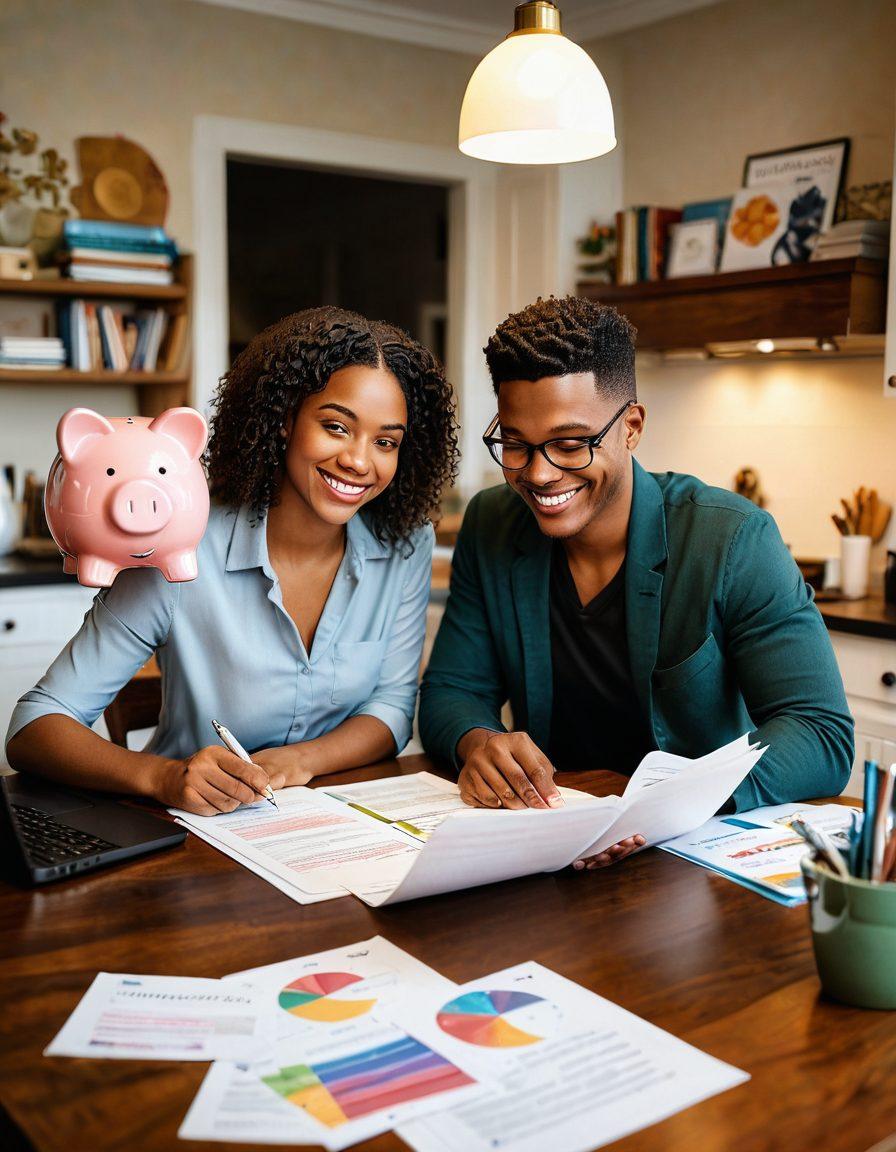 A loving couple sitting at a cozy table, reviewing their insurance documents with warm smiles, surrounded by symbols of financial security like a piggy bank, insurance policy papers, and a laptop displaying charts. Soft lighting highlighting their focused faces, emphasizing trust and unity in decision-making. The background features shelves of books on finance and insurance. vibrant colors. super-realistic.