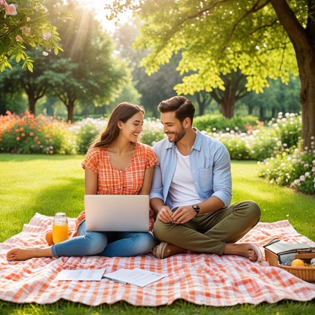 A harmonious blend of a happy couple enjoying a picnic in a beautiful park, with insurance policy documents and a laptop open beside them, symbolizing the balance of love and financial security. Soft pastel colors with lush greenery and warm sunlight to evoke a sense of peace and happiness. Artistic touch illustrating the essence of lifestyle and protection. painting. warm colors.