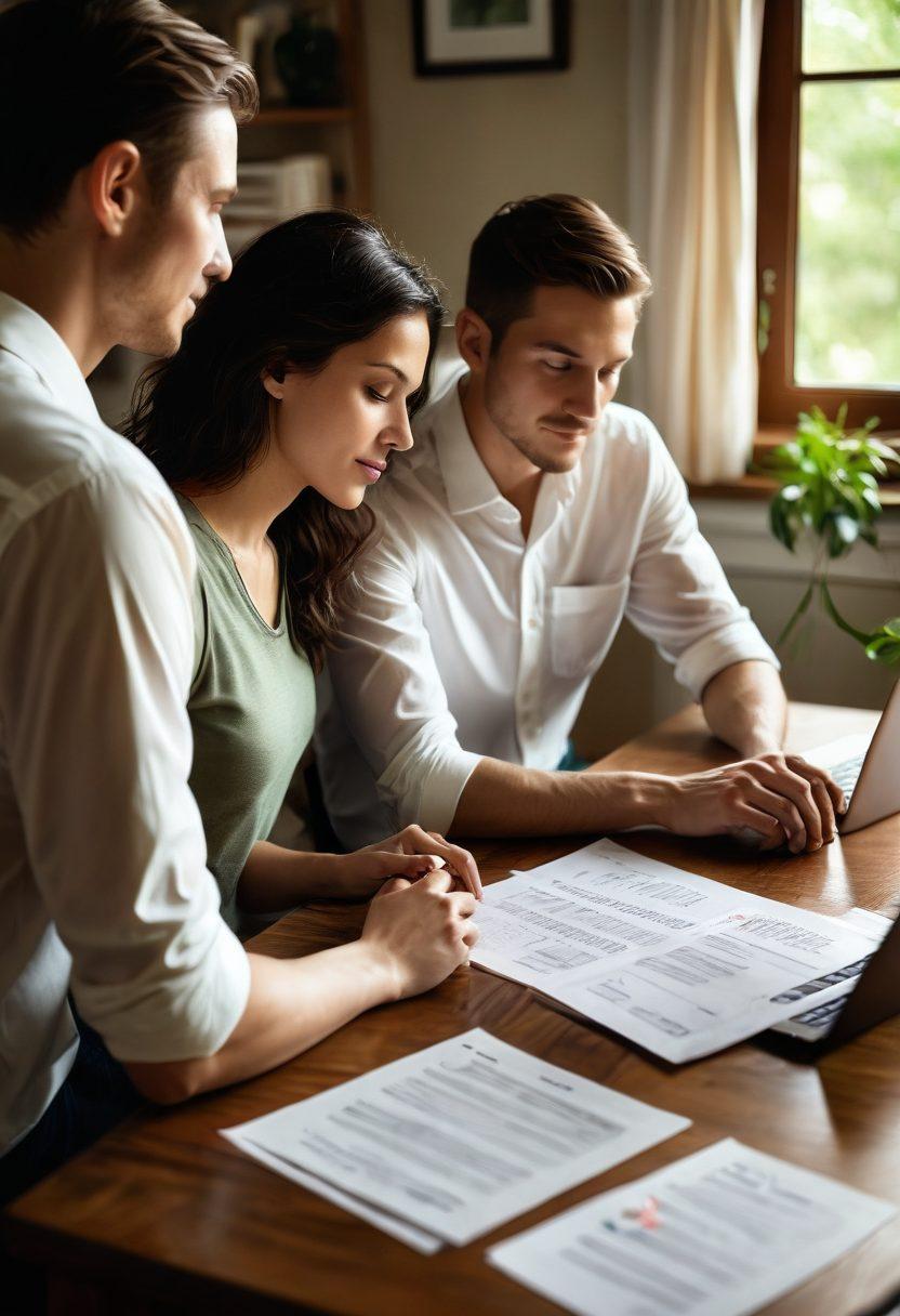 A harmonious scene depicting a couple sitting together at a table, surrounded by various insurance documents and a laptop, symbolizing their discussion on love and life. Soft lighting casts a warm glow, reflecting the comfort of their relationship. A heart-shaped chart highlights different insurance options, intertwining love symbols with practical elements. Include a plant in the background for a touch of nature. super-realistic. warm tones. soft focus.
